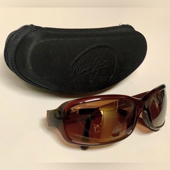 1990s Vintage Unisex Adult MAUI JIM Polished Sepia Brown Sunglasses w/ Zip Case - Picture 8 of 16